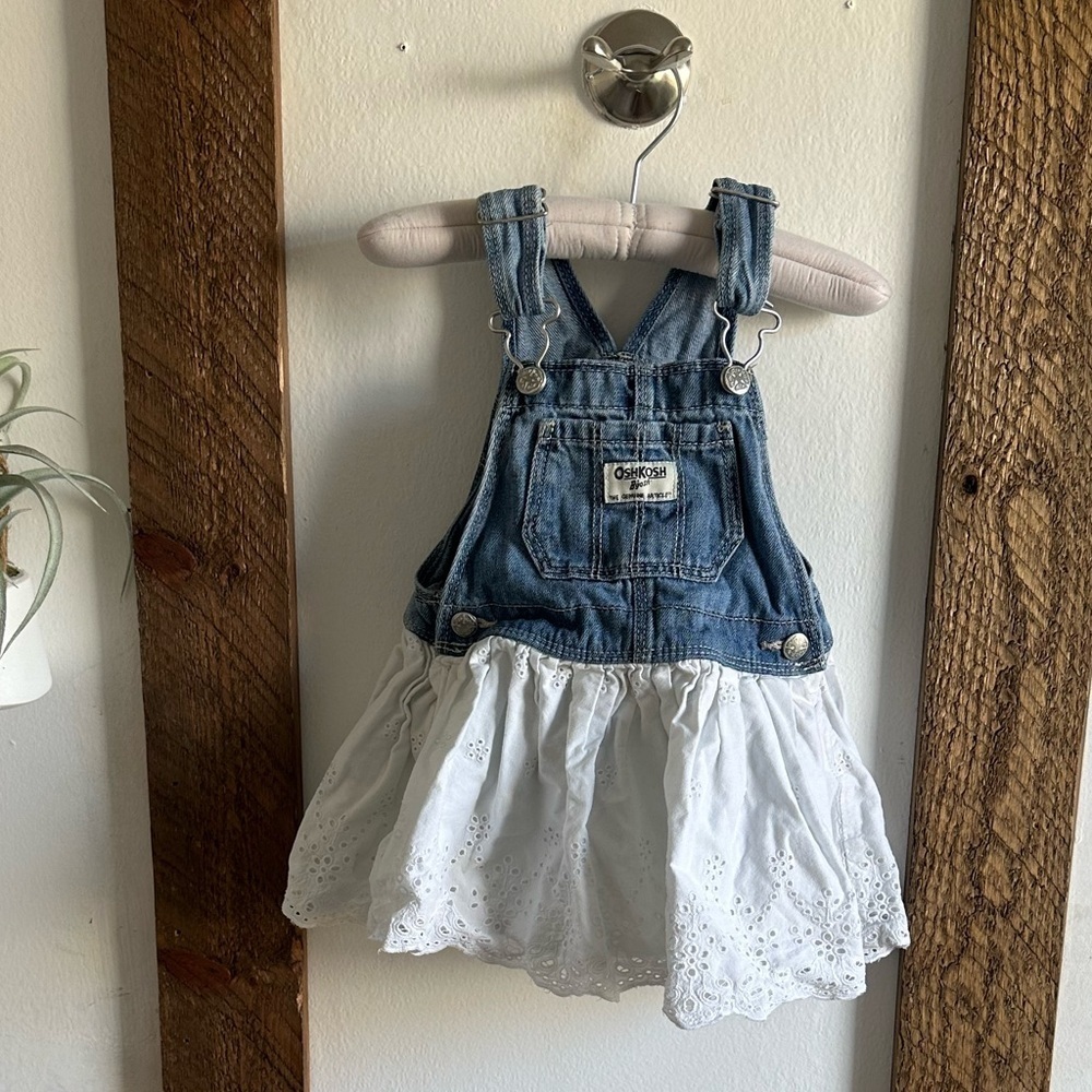 OshKosh B’Gosh 18 Month Baby Girl Eyelet Overall Dress Denim Jean & Eyelet Lace